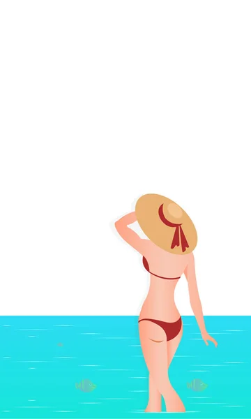 Hallo Sommer. Abstraktes Mädchen mit Badeanzug und großem Hut, das am Strand steht. Meereshintergrund. Vektor Illustration - Vektor — Stockvektor