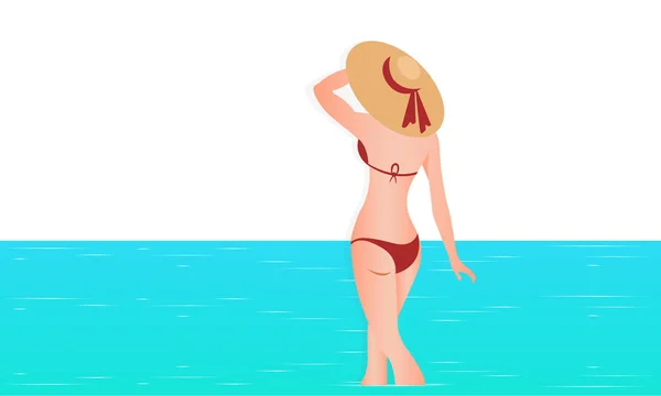 Hola Summer. Chica abstracta con traje de baño y sombrero grande, de pie en la playa. Fondo marino. Ilustración vectorial - Vector — Archivo Imágenes Vectoriales