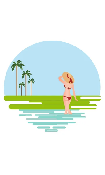 Illustration vectorielle d'une belle femme blanche sur une plage tropicale. - Vecteur — Image vectorielle