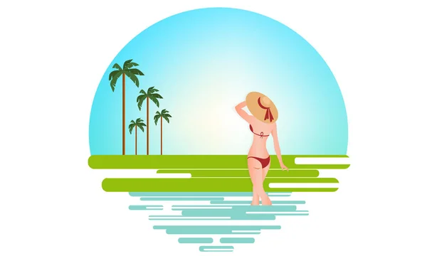 Meisje op het strand met een bikini. Zomertijd, vector illustratie-vector — Stockvector