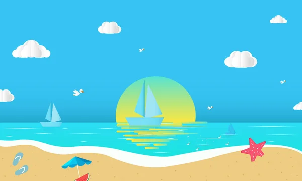 Vista mar no verão com equipamento de jogo de água colocado na praia. vista para o mar azul. Hora de verão. mar com praia. corte de papel e estilo artesanal. vetor, ilustração. - Vector — Vetor de Stock