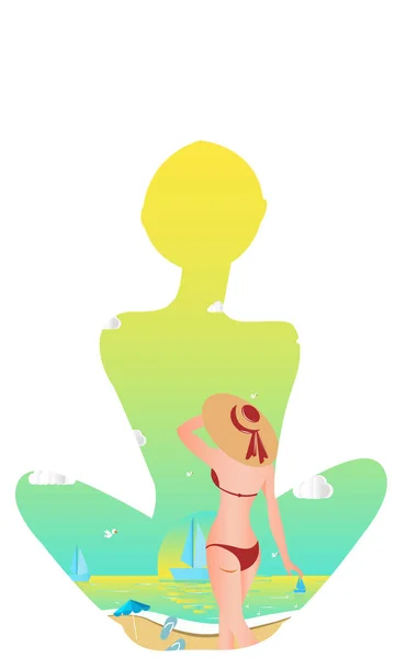 Hallo zomer. Abstract meisje draagt badpak en grote hoed, staande op het strand. Overzeese achtergrond. Vector illustratie-vector — Stockvector