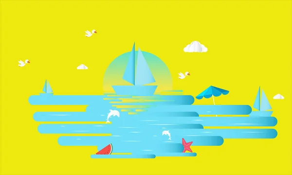 Vista al mar en verano con equipo de juego de agua colocado en la playa. vista al mar azul. Hora de verano. mar con playa. corte de papel y estilo artesanal. vector, ilustración. - Vector — Vector de stock