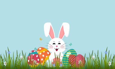 Süslenmiş Yumurta ile Yeşil Çim Little Bunny - Paskalya Kartı