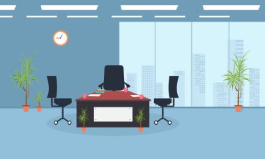 Office iç modern düz vektör illüstrasyonu ile ekip konseptimize iş arıyoruz ve bu konsepte katılıyoruz. Bilgisayar monitörü ve sandalye ile iş masası. Arka planda gökdelenler olan büyük pencere.