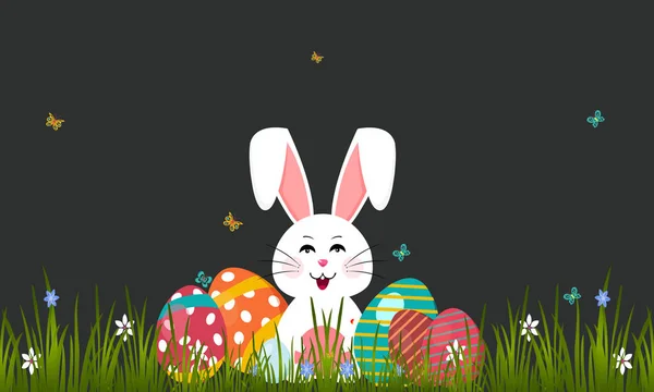 Huevos de Pascua y lindo conejito en hierba verde. Decoración festiva. Feliz Pascua ! — Archivo Imágenes Vectoriales