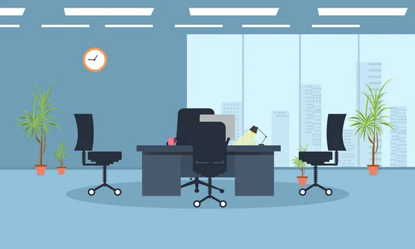 Office iç modern düz vektör illüstrasyon ile ekibimiz kavramı katılın. Bilgisayar monitörü ve sandalye ile iş masası. Arka planda gökdelenler olan büyük pencere.