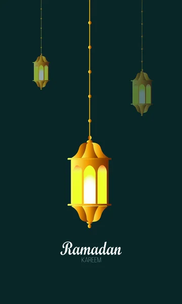 Manifesto del Ramadan Kareem, calligrafia araba con lanterne appese al ramadan ed elemento a mezzaluna, sfondo scintillante - Vettore — Vettoriale Stock