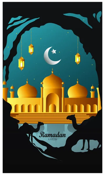 Ramadan Kareem bellissimo biglietto di auguri con sfondo islamico con moschee adatto anche per Eid Mubarak. - Vettore — Vettoriale Stock