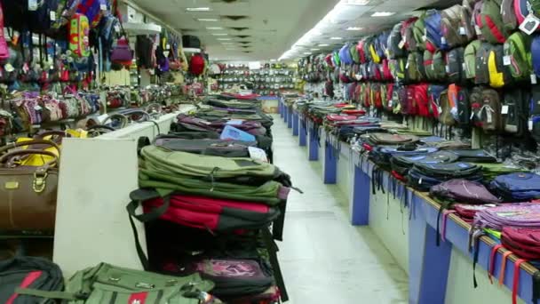 CHENNAI, INDIA - 05 DE ABRIL DE 2019: Bolsos de viaje y bolsos escolares para niños y maletas de bolsos femeninos a la venta en la feria de la tienda. Dolly disparó — Vídeo de stock