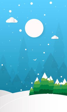 Ağaçlar Bulutlar ve Moon Vector Düz İllüstrasyon, Mutlu Noeller ve Happy New Year Arka Plan kağıt kesme ile Hills Dağları ile Hello Kış