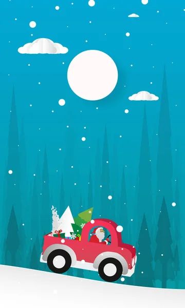 Illust of paper art Santa Claus está montando el coche clásico rojo de la camioneta y lleva el árbol de Navidad, Feliz año nuevo y feliz día de Navidad, Bosque del paisaje de las nevadas en luna llena, vector . — Vector de stock