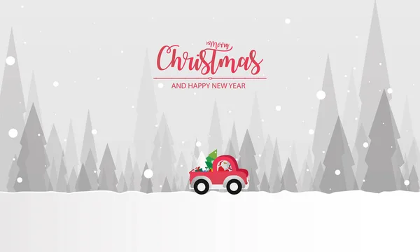 Illustrazione di arte cartacea Babbo Natale cavalca Red Classic pick-up car e trasportare l'albero di Natale, Felice anno nuovo e Buon Natale, Snowfall Landscape forest in full moon, vettore . — Vettoriale Stock