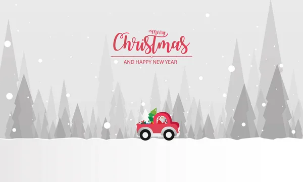 kağıt sanat Noel Baba illüstrasyon Red Classic pikap kamyon araba sürme ve Noel ağacı taşımak, Mutlu yeni yıl ve Mutlu Noel günü, Kar yağışı Peyzaj orman dolunay, vektör.