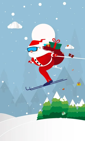 Noel Baba kar tepeleri arka plan üzerinde uçan Mutlu Noel tasarım kartı. Vektör kağıt sanat illüstrasyon. Kağıt kesim ve zanaat tarzı.