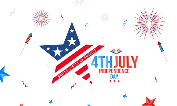 4 de julio. Feliz celebración del Día de la Independencia con confeti y cohete y fuegos artificiales vector vacaciones letras caligrafía — Archivo Imágenes Vectoriales