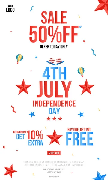 Feliz Día de la Independencia 4 de julio Cartel, 4 de julio USA Oferta Día de la Independencia Promoción de la Venta Antecedentes Invitación Creativa Volante decorado para el 4 de julio, Fiesta de celebración . — Archivo Imágenes Vectoriales