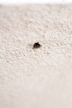 Eski evin beyaz duvarında küçük bir çatlak. Yıkıcı beton duvardaki delik, tasarım için soyut arkaplan boşluğu