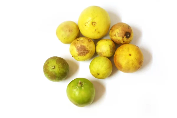 Limão fresco e verde com limão contaminado em um fundo branco — Fotografia de Stock