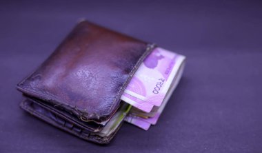 İçinde para olan kahverengi deri bir cüzdan. Para kavramı, metin için boşluk kopyala.