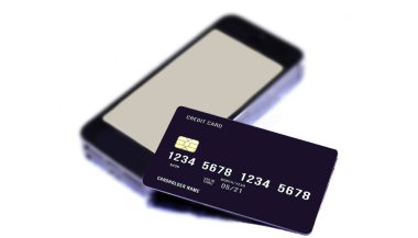 akıllı telefon ve beyaz arkaplandaki uluslararası banka kartı onli