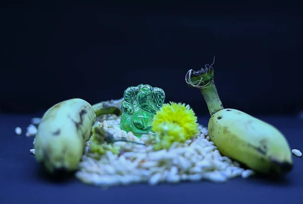 Saraswathi Pooja és Ayudha Pooja Ünnepségek - hindu Isten Vinayaga banán, virágok és pori fekete alapon. — Stock Fotó