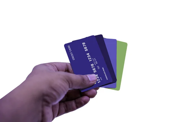 Hand holding credit and debit cards on the white background — ストック写真