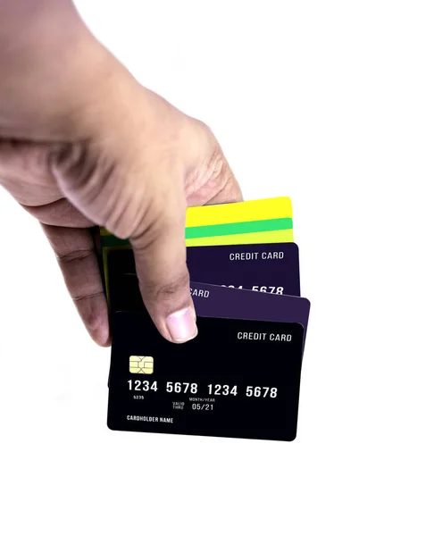 흰색 백으로 분리 된 카드나 신용 카드를 손에 쥐는 모습 — 스톡 사진