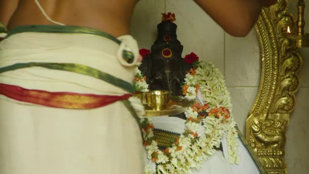 Gente hindú haciendo Puja para orar por Dios en el Templo Vinayagar — Vídeos de Stock