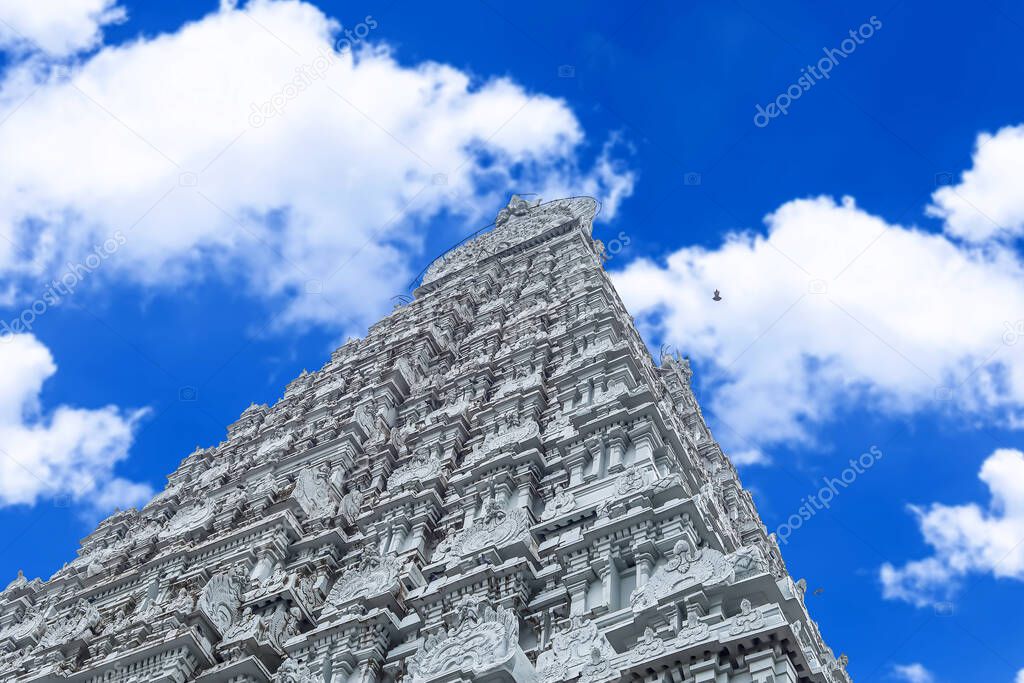 Beautiful view of gopura in the Hindu Arunachalesvara Temple, Tamil Nadu, South India. Amazing blue sky background at Hindu Temple. Great Hindu architecture.