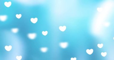Sevgililer Günü arkaplanı beyaz kalp şeklindeki Bokeh efektli animasyon. Soyut yumuşak mavi romantik arkaplan.