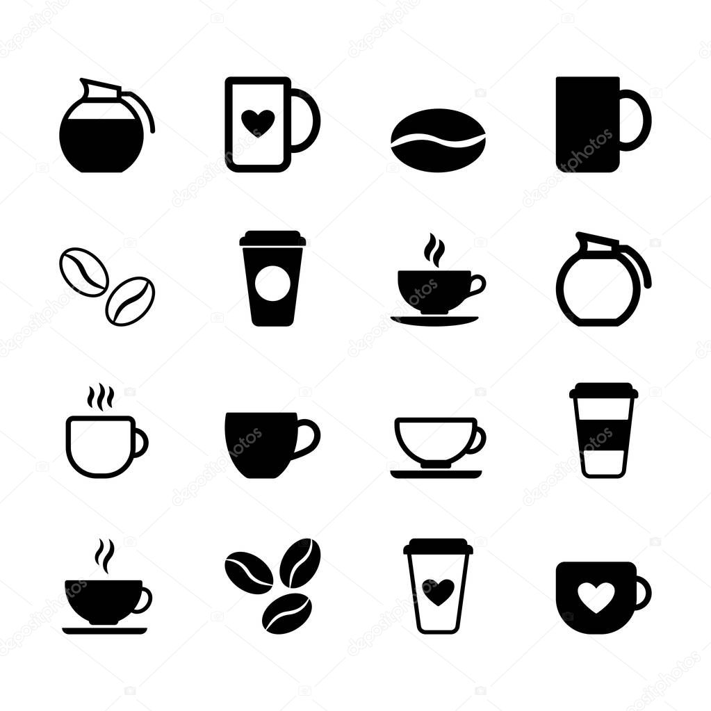 Set of flat black coffee icons in vector format. Simple signs and symbols.