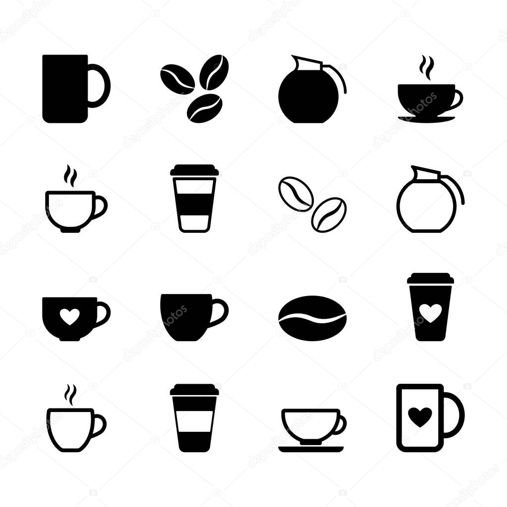 Set of flat black coffee icons in vector format. Simple signs and symbols.