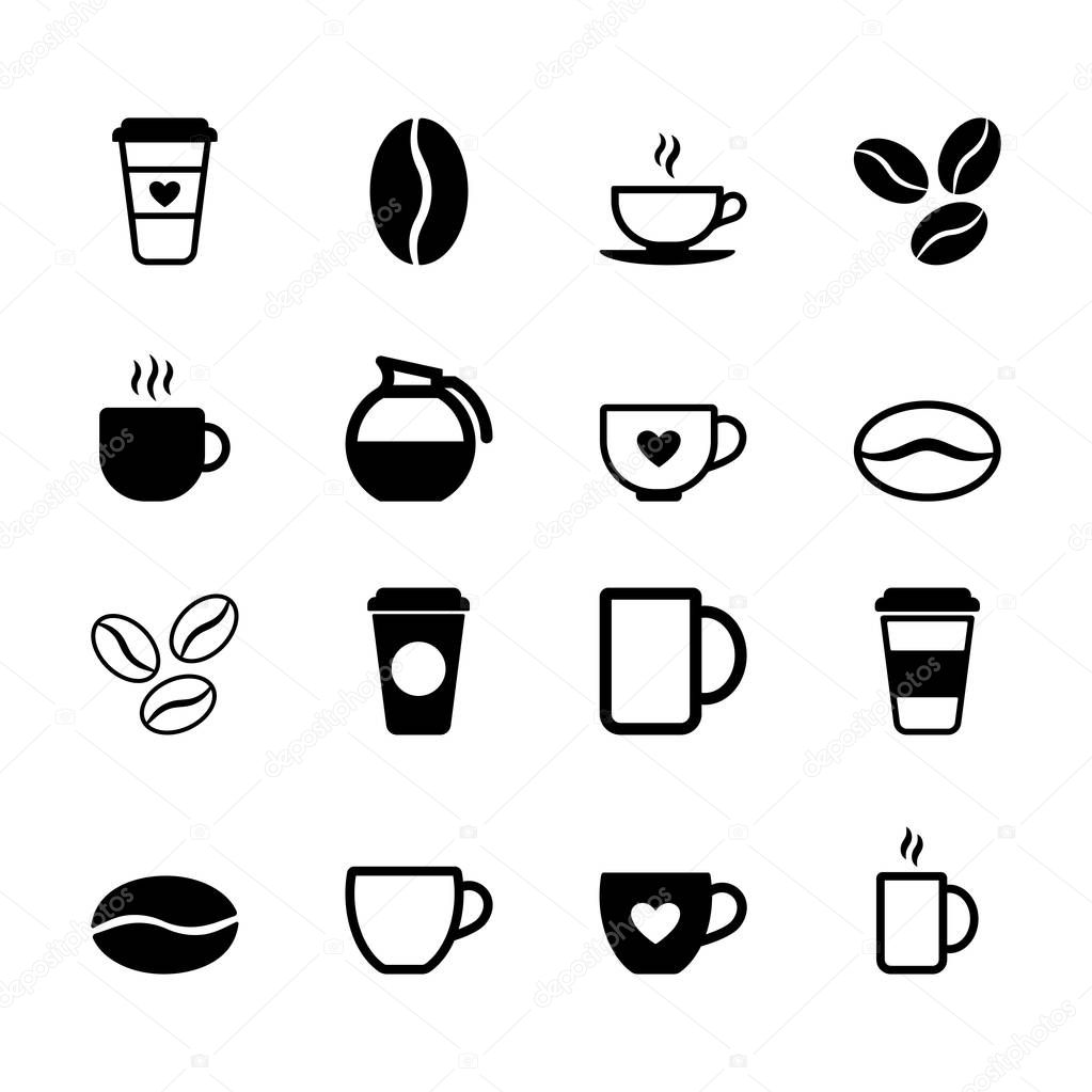 Set of flat black coffee icons in vector format. Simple signs and symbols.