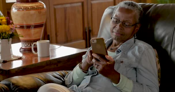 Feliz sorrindo mais velha mulher negra navegando e rolando em seu telefone celular — Vídeo de Stock