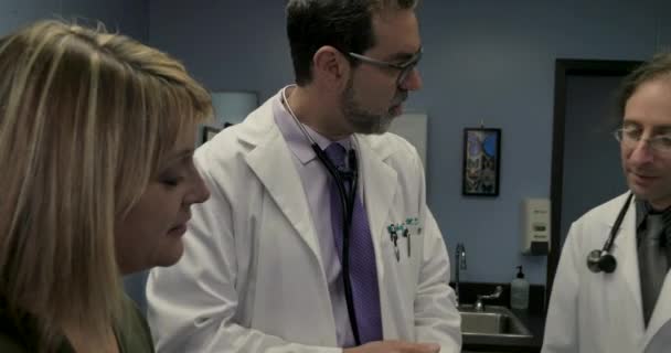 Dos médicos varones consultando con una paciente femenina en un hospital u oficina — Vídeos de Stock