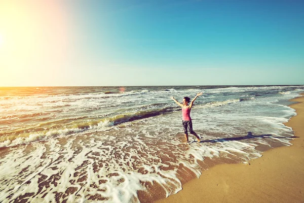Freedom Young Woman Arms Outstretched Sky Blue Ocean Landscape Beach — Stock Photo, Image