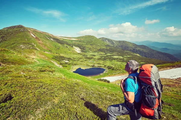 Man Backpack Hiking Mountains Travel Lifestyle Success Concept Adventure Active — Stock Photo, Image