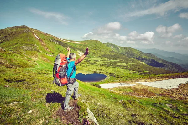 Man Backpack Hiking Mountains Travel Lifestyle Success Concept Adventure Active — Stock Photo, Image