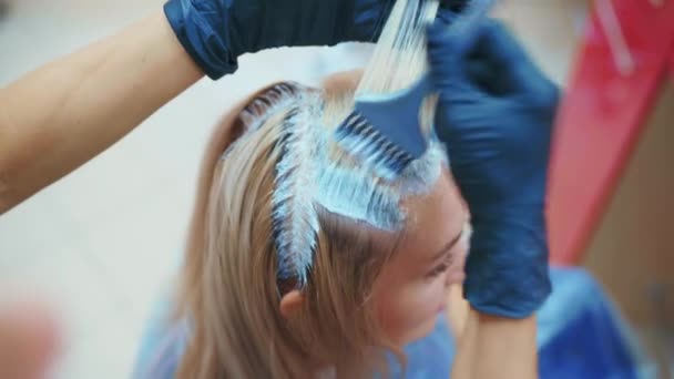 Профессиональный Парикмахер Окрашивает Волосы Своей Клиентки — стоковое видео