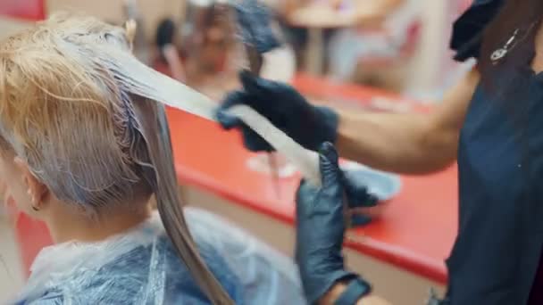 专业美发师 她的客户的头发染成 — 图库视频影像