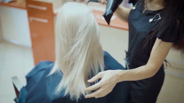 Professional Hairdresser Drying Hair Ctudio — Stock Video