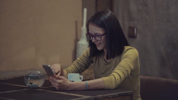 Vrolijke Jonge Vrouwelijke Student Met Schattige Glimlach Aanbrengen Moderne Café — Stockvideo