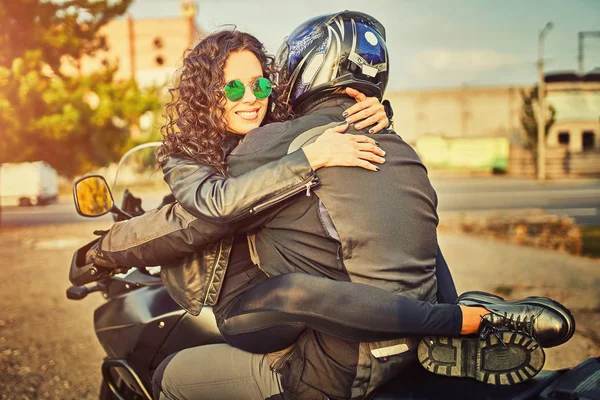 Man Sensual Woman Ride Motorbike Adventure Concept Lets New Adventure — Stock Photo, Image