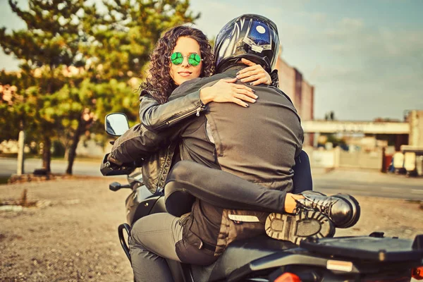 Homem Mulher Sensual Passeio Moto Conceito Aventura Vamos Uma Nova — Fotografia de Stock