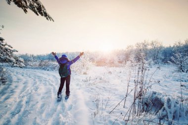 Turistler kış ormanda yürüyor.
