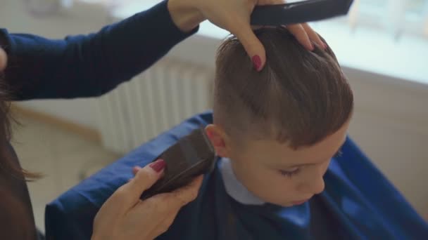 Hairdresser cutting hair with barber scissors in children hairdressing salon. — Stock Footage Hairdresser Cutting Hair Barber Scissors Children Hairdressing Salon Stock Video