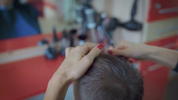 Kapper Snijden Haren Met Een Schaar Van Kapper Een Kapsalon — Stockvideo