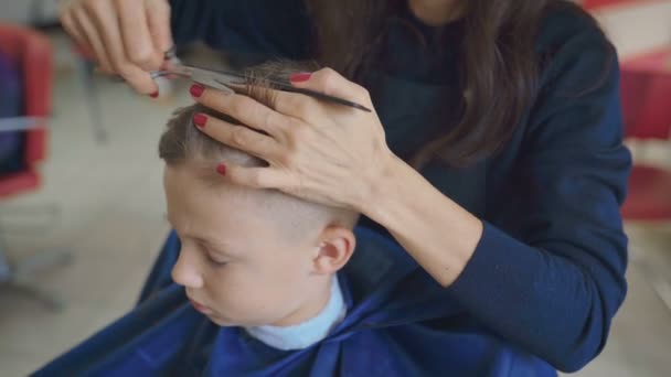 Hairdresser cutting hair with barber scissors in children hairdressing salon. — Stock Footage Hairdresser Cutting Hair Barber Scissors Children Hairdressing Salon Royalty Free Stock Video