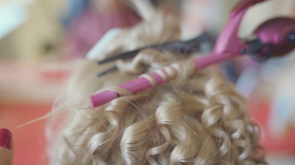 Улыбающаяся Парикмахерша Делает Прическу Красивой Молодой Женщине Длинными Светлыми Волосами — стоковое видео